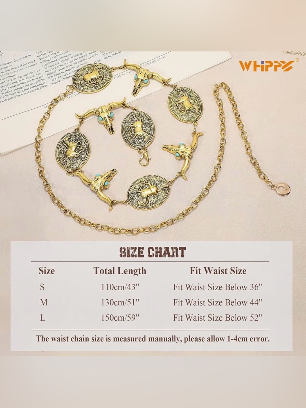 WHIPPY Western Concho Chain Belt Cowgirl Boho Turquoise Adjustable S/M Gold - Picture 6 of 7